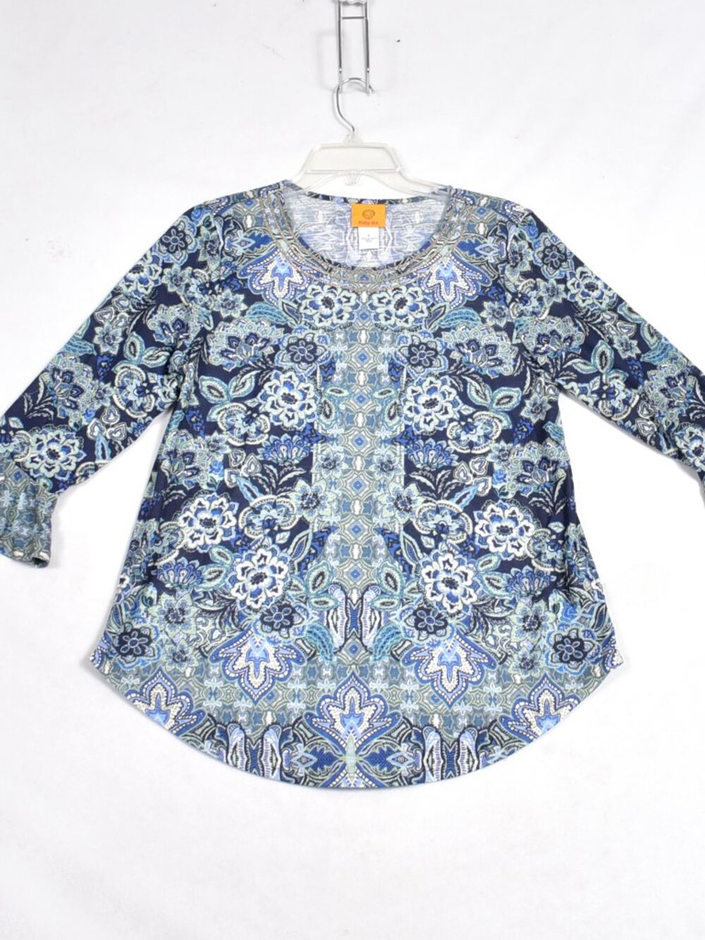 Ruby Rd. Women's Blue Floral Blouse 3/4 Sleeve Bell Size Small